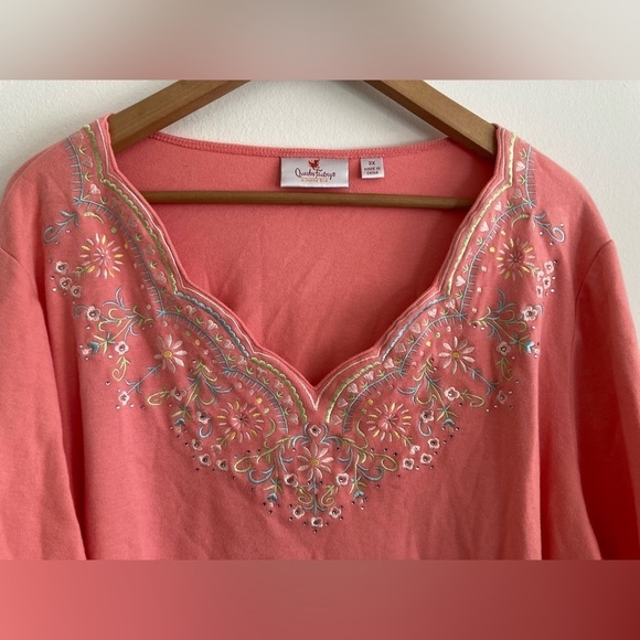 Quacker Factory 3X Shirt Top Peach Embellished Floral Embroidered 3/4 Sleeve - Picture 2 of 8